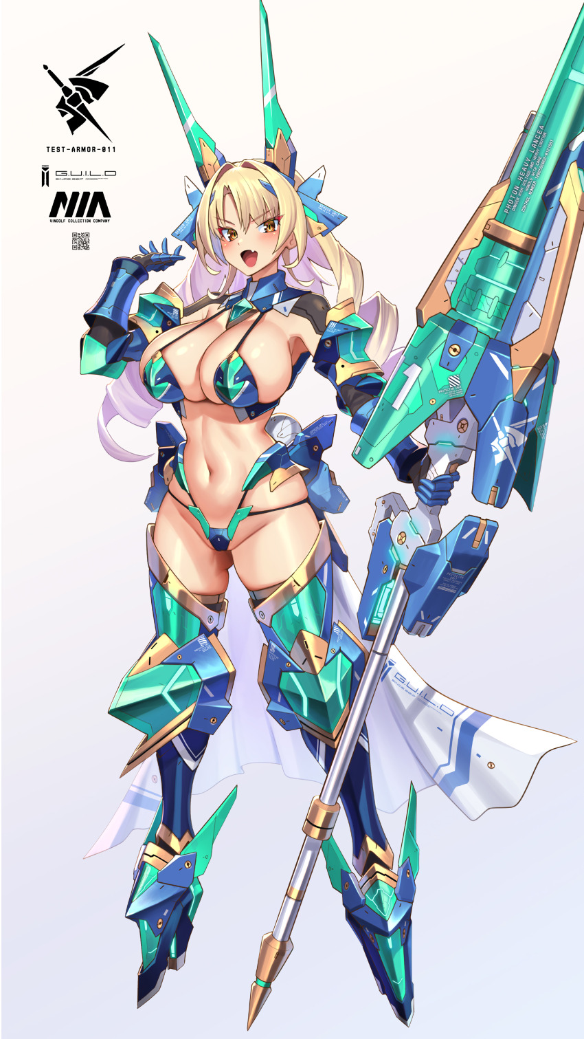 1girl, absurdres, armor, bikini, bikini_armor, breasts, bursting_breasts, character_request, cleavage, drill_hair, gloves, highres, large_breasts, legs, long_hair, looking_at_viewer, nadare-san_(nadare3nwm), navel, open_mouth, orange_eyes, smile, swimsuit, thick_thighs, thighs, toned, weapon