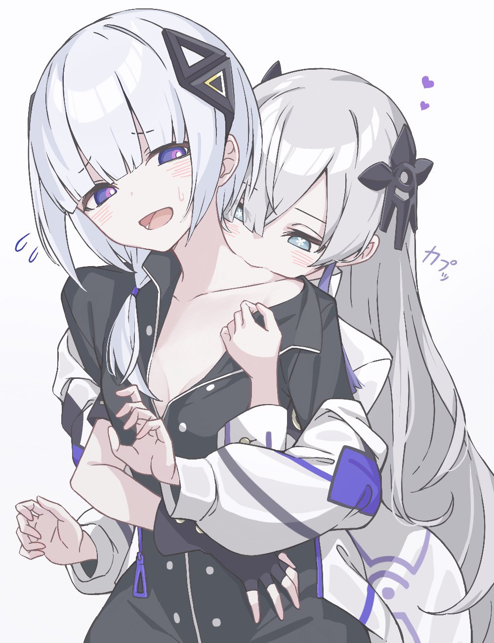 2girls, biting, black_gloves, black_shirt, blue_eyes, blush, breasts, cevio