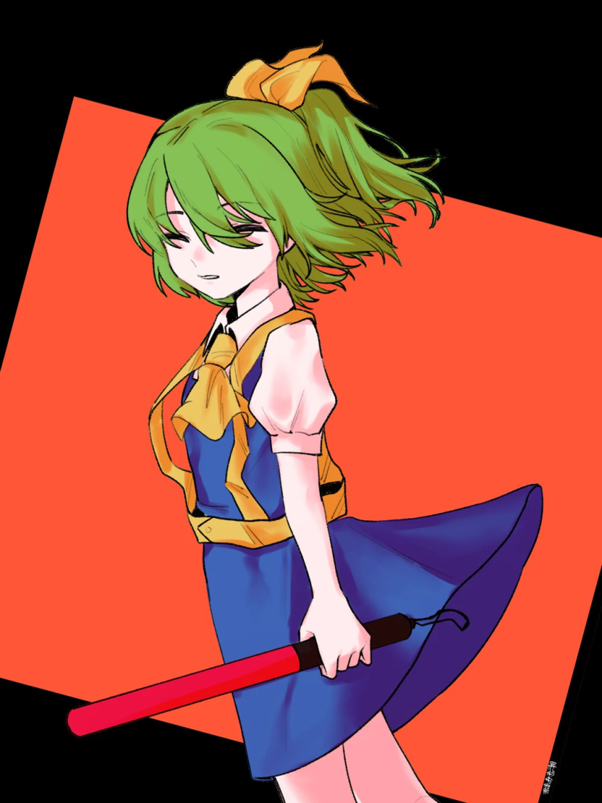 1girl, akaakaakaakashio, black_background, blue_dress, bow, closed_eyes, collared_shirt, commentary_request