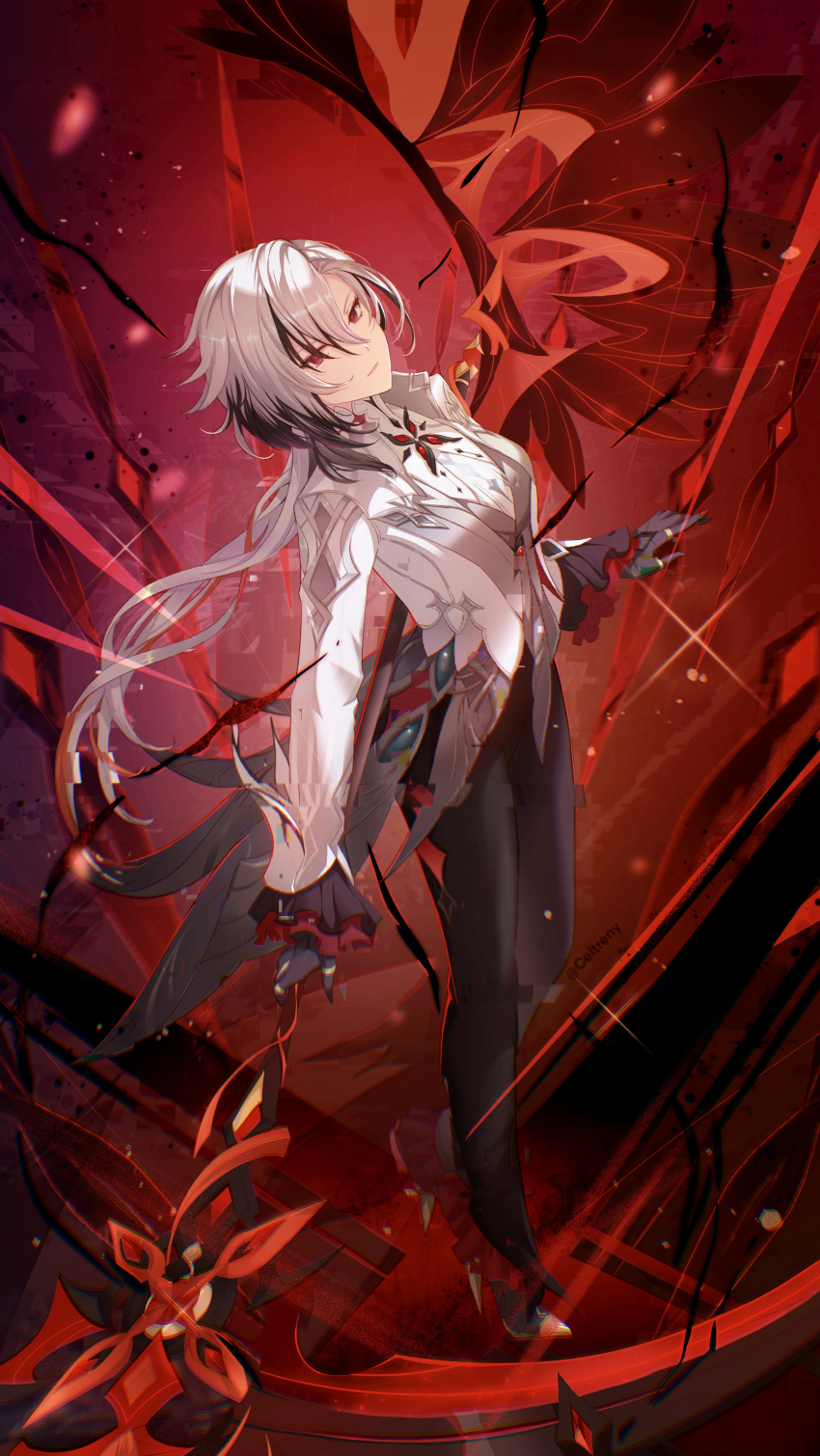 1girl, absurdres, arlecchino_(genshin_impact), black_eyes, black_hair, black_nails, black_pants, breasts