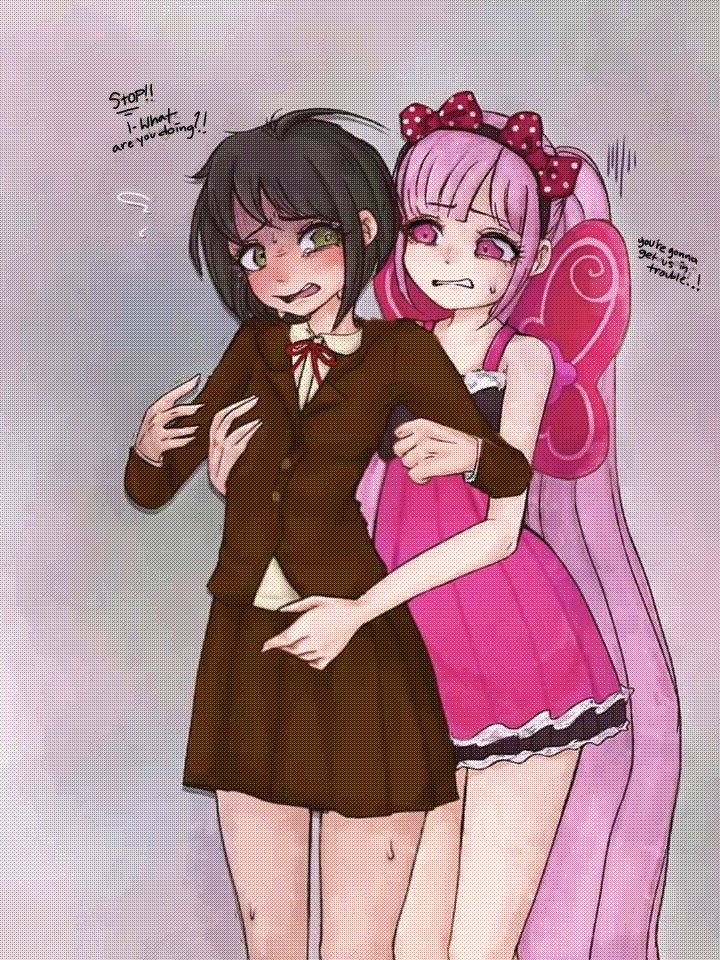 !, 2girls, age_difference, aged_down, ahoge, arm_around_another, black_hair, black_hairband