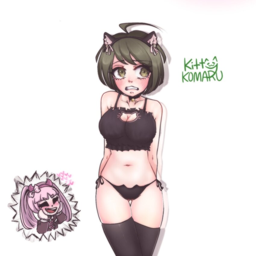 2girls, age_difference, ahoge, animal_ears, bell, black_jacket, black_panties, black_thighhighs