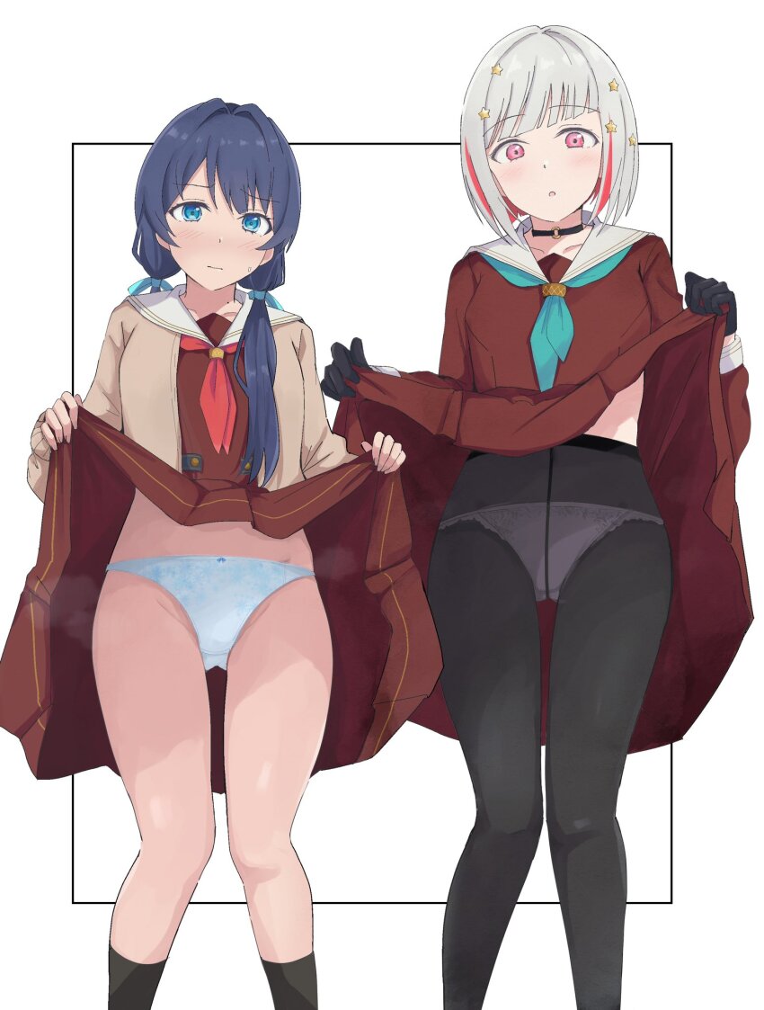 2girls, aqua_neckerchief, black_border, black_choker, black_gloves, black_pantyhose, black_socks, blue_eyes