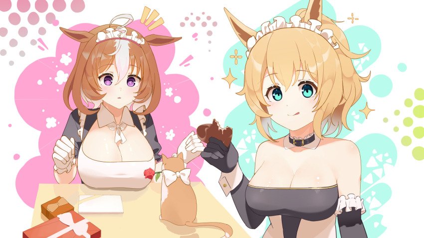 2girls, @_@, ahoge, alternate_costume, animal_ears, bare_shoulders, belt_collar, black_dress