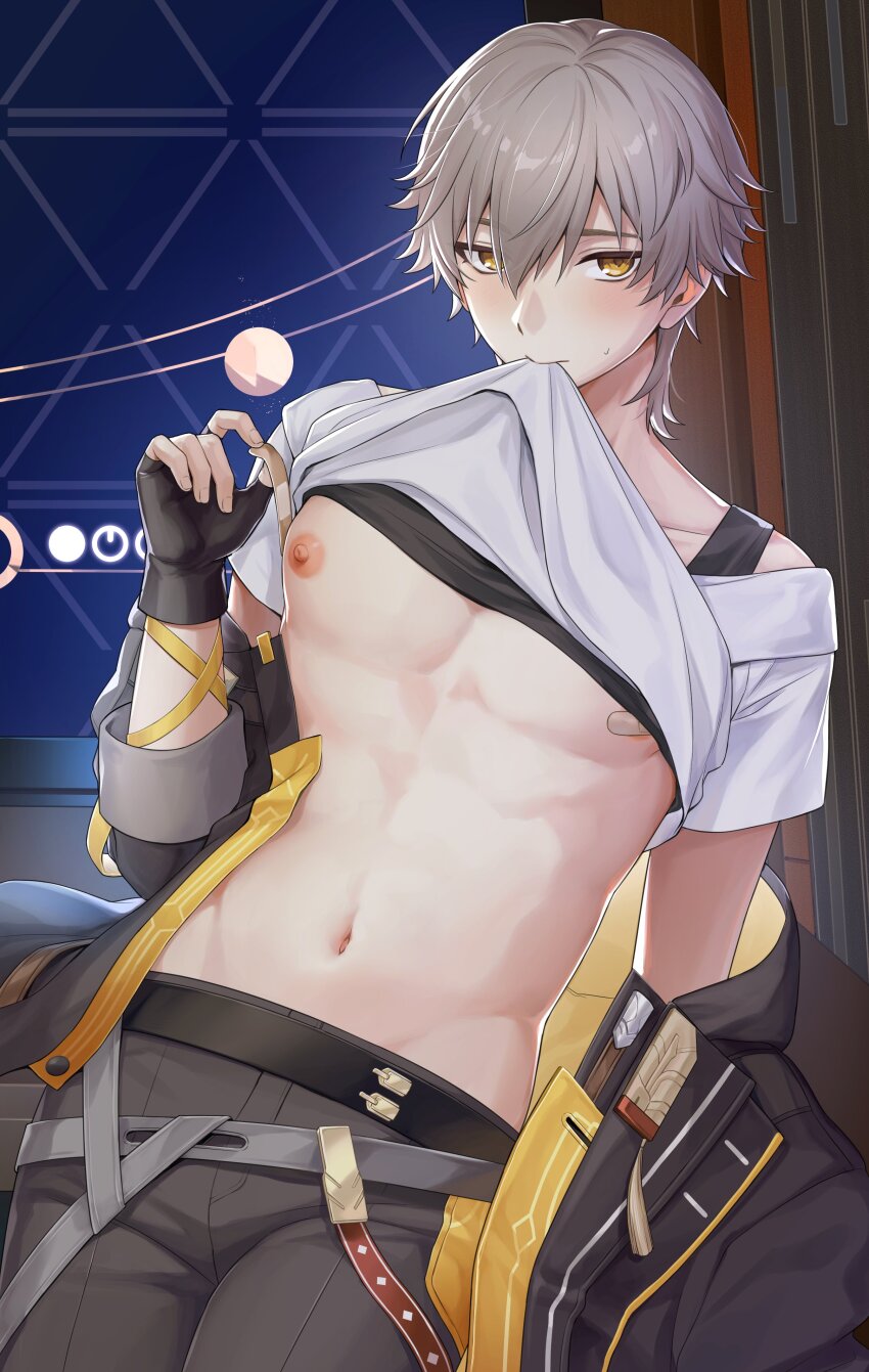 1boy, absurdres, bandaid, bandaids_on_nipples, black_gloves, black_jacket, blush, brown_pants