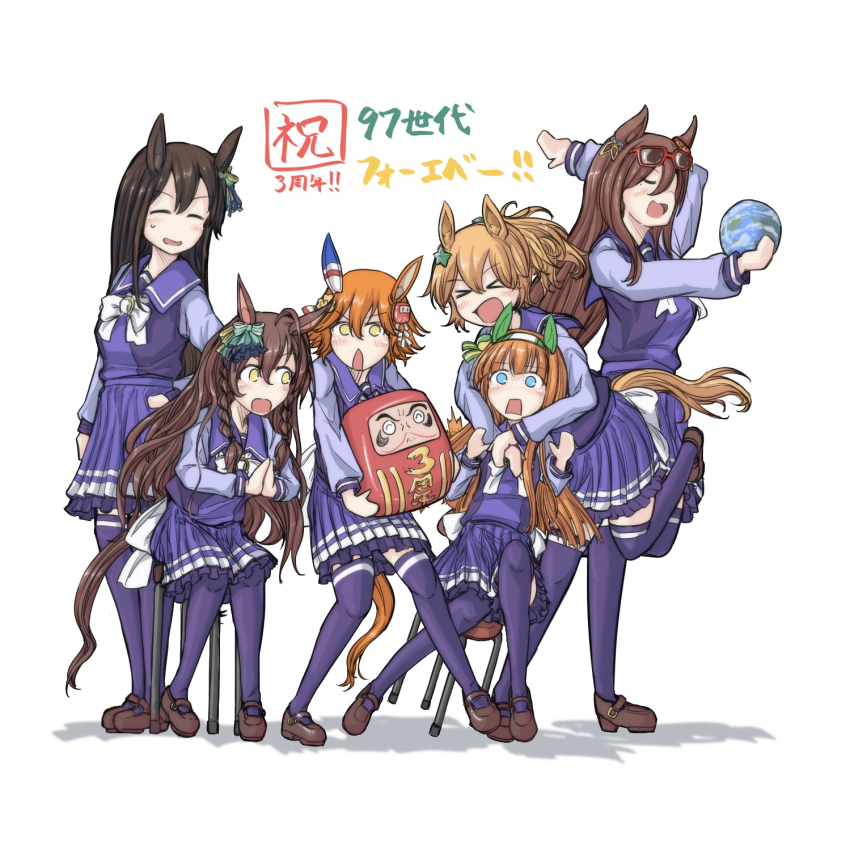 >_<, 6+girls, :o, ahoge, animal_ears, blue_eyes, bow, bowtie, brown_footwear, brown_hair, chair, closed_eyes, clothing_cutout, clover_hair_ornament, daruma_doll, ear_covers, ear_ribbon, eyewear_on_head, hachidori_(ippatsuya), hair_between_eyes, hair_ornament, hairband, highres, horse_ears, horse_girl, horse_tail, horseshoe_ornament, loafers, long_hair, long_sleeves, matikanefukukitaru_(umamusume), mejiro_bright_(umamusume), mejiro_dober_(umamusume), mole, mole_under_eye, multiple_girls, orange_hair, pleated_skirt, ponytail, purple_serafuku, purple_shirt, purple_skirt, purple_thighhighs, red-framed_eyewear, sailor_collar, sailor_shirt, school_uniform, seeking_the_pearl_(umamusume), serafuku, shirt, shoes, short_hair, silence_suzuka_(umamusume), simple_background, sitting, skirt, star_(symbol), star_hair_ornament, sunglasses, taiki_shuttle_(umamusume), tail, tail_through_clothes, thighhighs, tracen_school_uniform, umamusume, wavy_hair, white_background, white_bow, white_bowtie, white_hairband, yellow_eyes