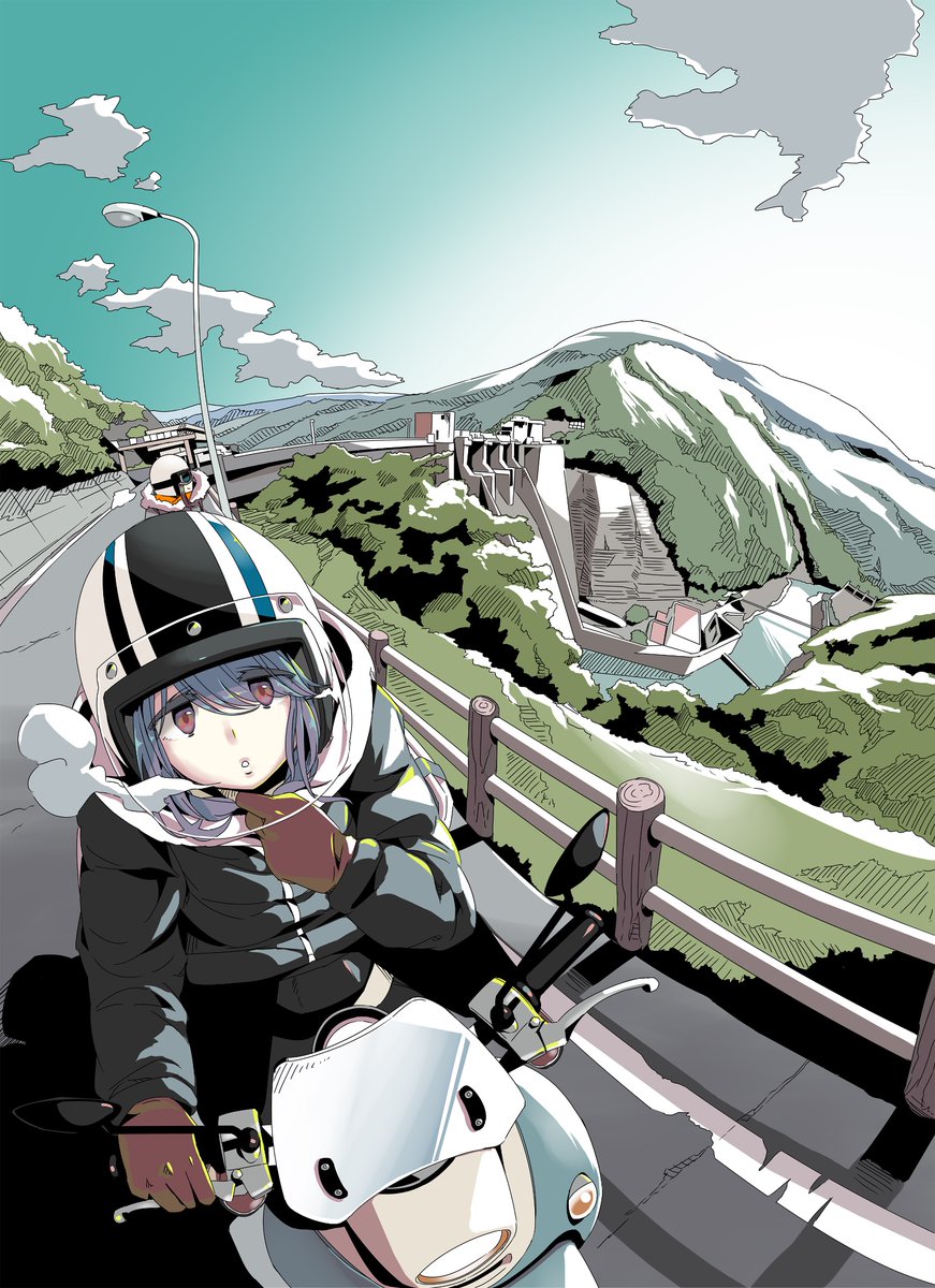 2girls, afro_(kngotezo), black_jacket, black_pants, blue_hair, commentary_request, day, helmet