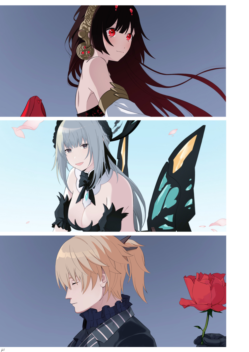 1girl, 2girls, absurdres, armlet, backless_dress, backless_outfit, black_bow, black_bowtie