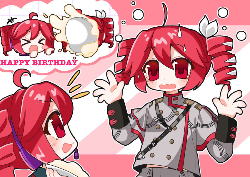 >_<, +++, 2girls, ahoge, aoiuna, buttons, closed_eyes, commentary_request