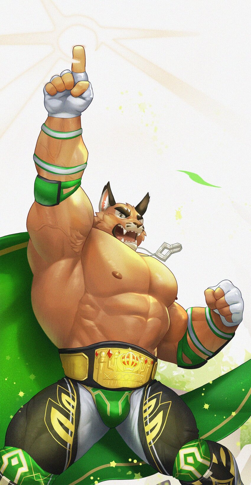 1boy, abs, animal_ears, arms_up, bara, belt, brown_eyes, bulge