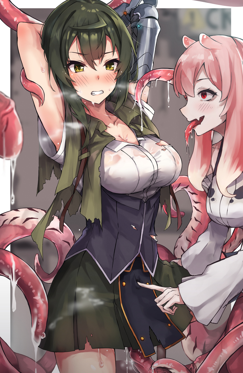 2girls, bound, defeat, hasumushi, highres, long_tongue, multiple_girls, original