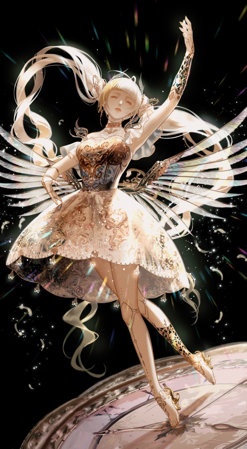 1girl, absurdres, analog_clock, arm_up, ballet, black_background, blonde_hair, blunt_bangs