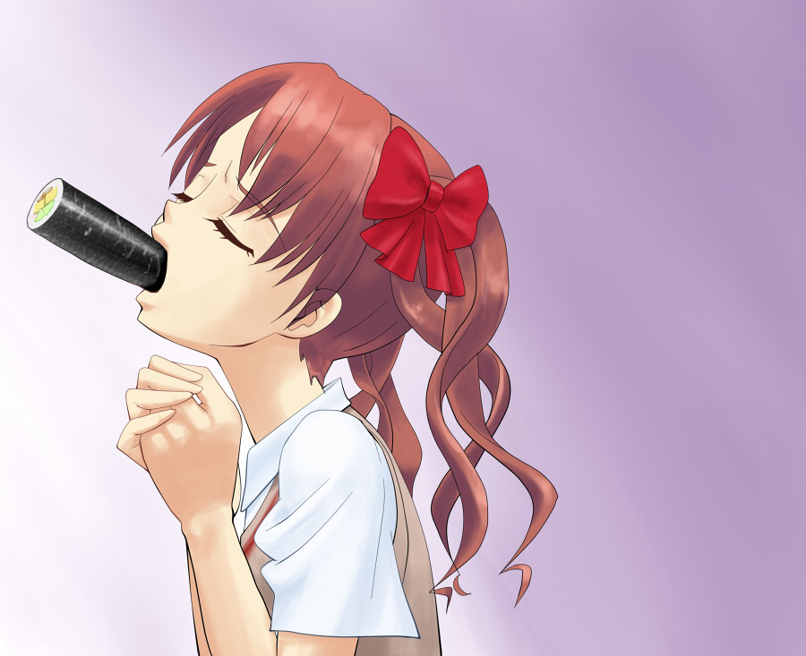 1girl, blush, bow, brown_hair, closed_eyes, ehoumaki, fellatio, female_focus