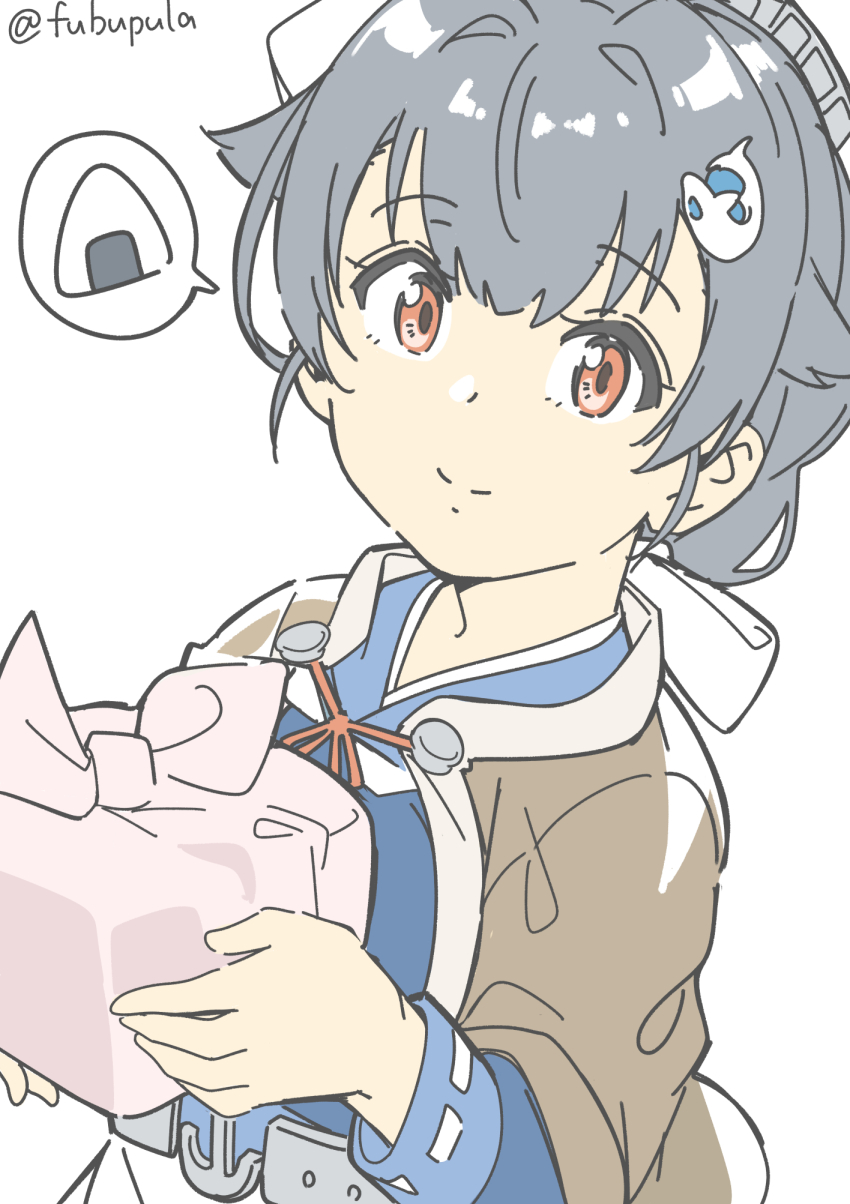 1girl, bandana, belt, bento, black_hair, blue_shirt, brown_shawl, food