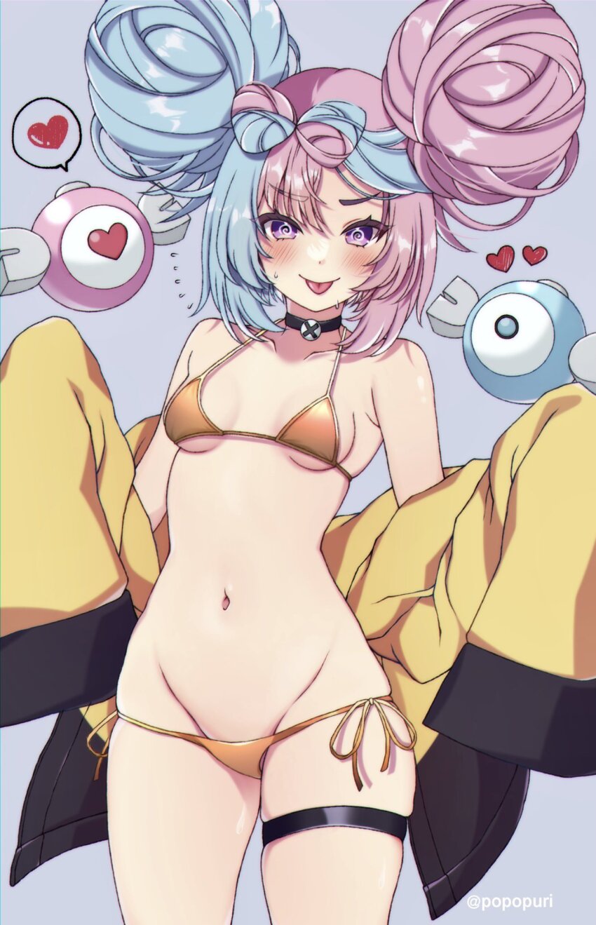 1girl, :d, aqua_hair, big_hair, bikini, black_choker, blue_background, blush, bow-shaped_hair, breasts, choker, collarbone, commentary_request, cowboy_shot, double_bun, flying_sweatdrops, gold_bikini, hair_bun, highres, iono_(pokemon), jacket, looking_at_viewer, multicolored_hair, navel, nintendo, off_shoulder, open_mouth, pink_hair, pokemon, pokemon_scarlet_and_violet, popo_(popopuri), purple_eyes, side-tie_bikini_bottom, small_breasts, smile, solo, swimsuit, teeth, thigh_strap, tongue, two-tone_hair, yellow_jacket