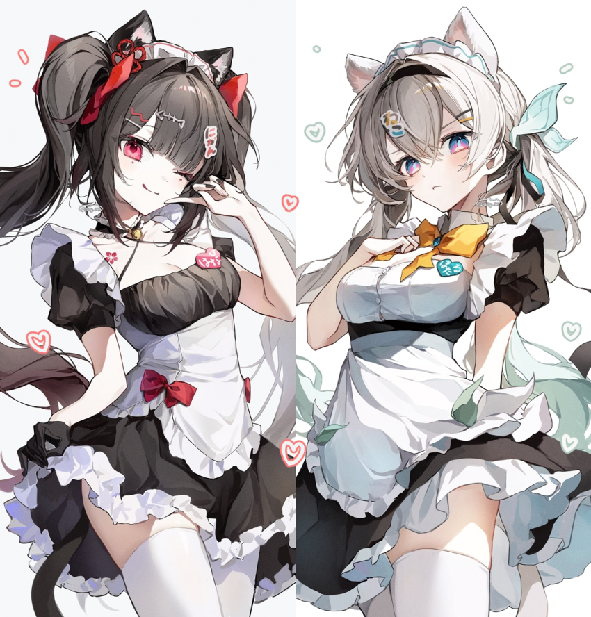 2girls, alternate_costume, animal_ears, apron, aqua_hair, bell, black_dress, black_gloves, black_hair, black_nails, bow, bowtie, breasts, cat_ears, cleavage, closed_mouth, collar, commentary, cowboy_shot, criss-cross_halter, detached_collar, dress, enmaided, firefly_(honkai:_star_rail), floating_hair, frilled_collar, frilled_dress, frills, gloves, gradient_hair, grey_hair, hair_between_eyes, halterneck, hand_up, honkai:_star_rail, honkai_(series), kemonomimi_mode, long_hair, looking_at_viewer, maid, maid_apron, maid_headdress, medium_breasts, multicolored_hair, multiple_girls, neck_bell, nong_345, one_eye_closed, orange_bow, orange_bowtie, pink_eyes, pout, puffy_short_sleeves, puffy_sleeves, red_bow, red_eyes, short_sleeves, signature, simple_background, single_glove, sparkle_(honkai:_star_rail), standing, thighhighs, tongue, tongue_out, twintails, white_apron, white_background, white_collar, white_thighhighs