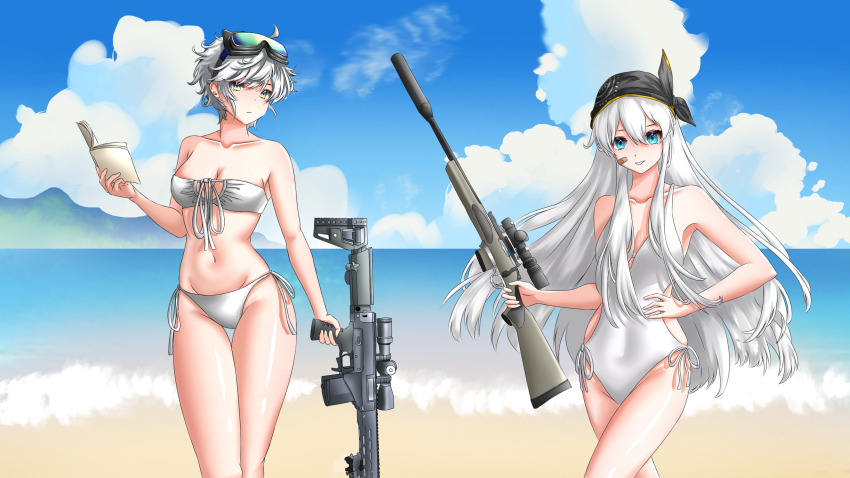 2girls, absurdres, ahomushi994, beach, bikini, blue_eyes, breasts, girls'_frontline