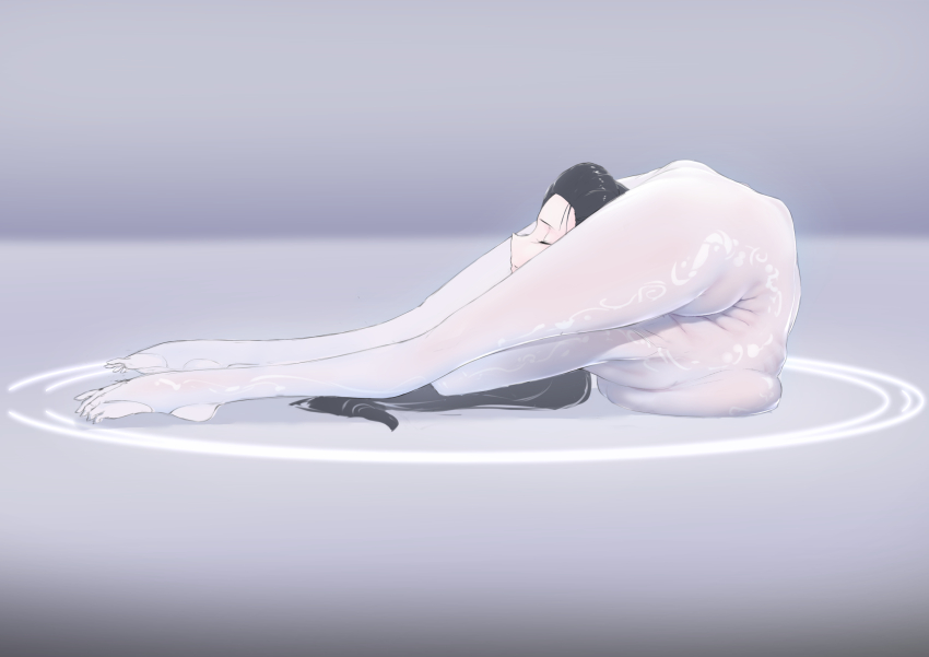 1girl, bending_backward, black_hair, breasts, chest_stand, closed_eyes, contortion, feet