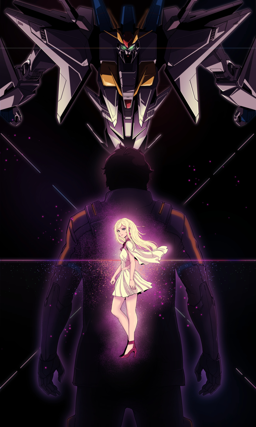 1boy, 1girl, absurdres, blonde_hair, breasts, brown_hair, commentary, dark_background