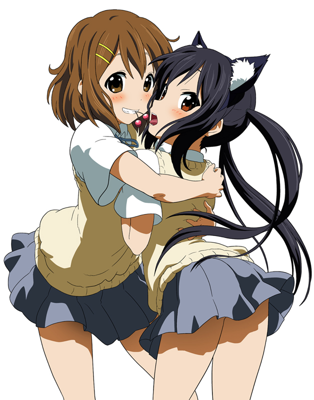 2girls, animal_ears, black_hair, blush, brown_eyes, brown_hair, cat_ears, cat_girl, cherry, clenched_teeth, embarrassed, female_focus, food, fruit, funen_gomi, grin, hair_ornament, hairclip, hirasawa_yui, hug, k-on!, long_hair, mouth_hold, multiple_girls, nakano_azusa, school_uniform, shared_food, short_hair, skirt, smile, surprised, sweater_vest, teeth, tongue, twintails, yuri