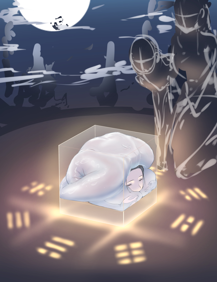 1girl, absurdres, bending_backward, black_hair, bodysuit, box, breasts, bridal_gauntlets