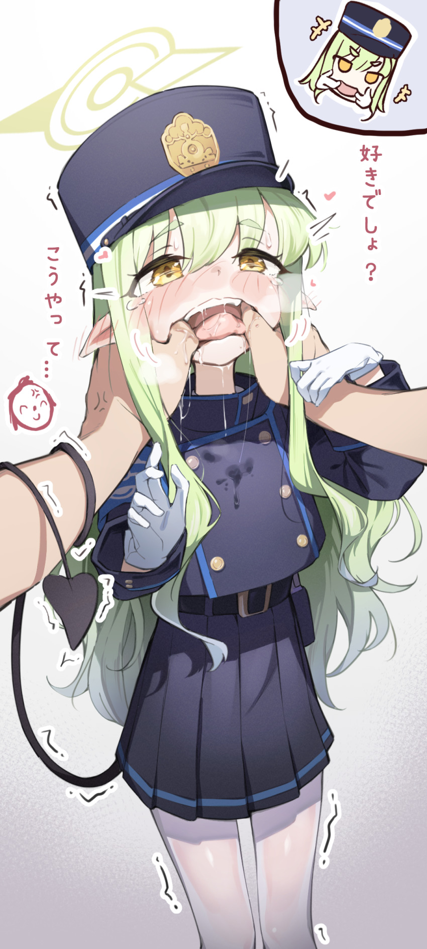 1boy, 1girl, absurdres, armband, black_hat, black_skirt, black_tail, blue_archive, blue_armband, blush, cowboy_shot, cross-eyed, demon_tail, doodle_sensei_(blue_archive), finger_in_another's_mouth, gloves, green_hair, halo, hat, hetero, highres, hikari_(blue_archive), long_hair, looking_at_viewer, making_faces, mouth_pull, open_mouth, pantyhose, pleated_skirt, pointy_ears, pov, pov_hands, raay, saliva, saliva_trail, sensei_(blue_archive), simple_background, skirt, standing, tail, taunting, tearing_up, tears, tongue, tongue_out, translated, trembling, very_long_hair, white_gloves, yellow_eyes