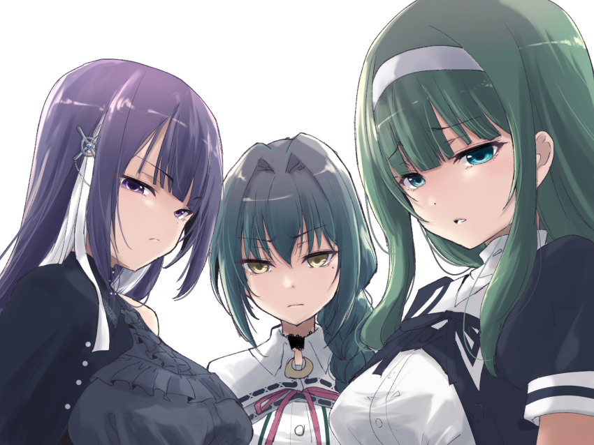 3girls, aqua_eyes, arms_at_sides, assault_lily, bare_shoulders, black_choker, black_shirt, blunt_bangs