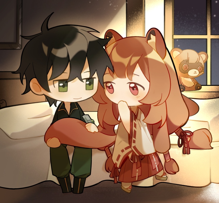 1boy, 1girl, absurdres, animal_ears, black_footwear, black_hair, blush, brown_hair