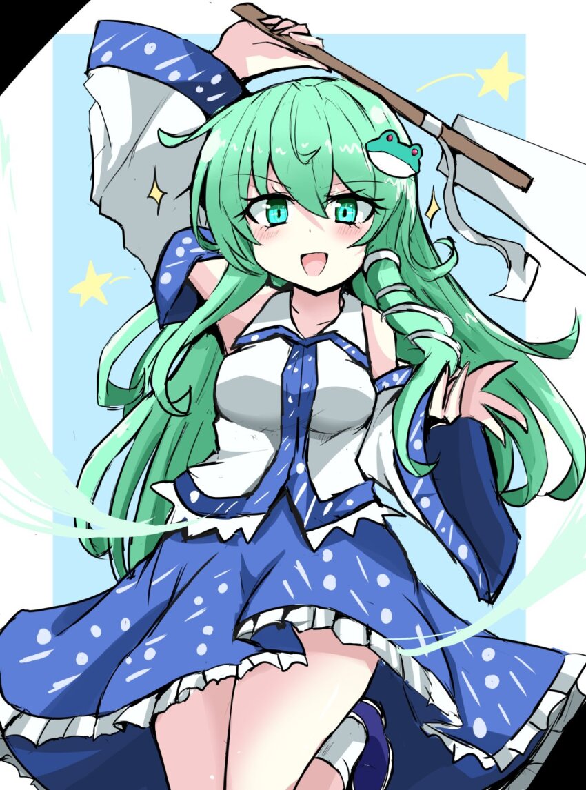 1girl, :d, blue_shoes, blue_sky, collared_shirt, commentary_request, detached_sleeves, frilled_skirt, frills, frog_hair_ornament, gohei, green_eyes, green_hair, hair_ornament, highres, holding, holding_gohei, kochiya_sanae, long_hair, long_sleeves, mikazuki_toto, oonusa, open_mouth, shirt, shoes, sidelocks, skirt, sky, sleeveless, sleeveless_shirt, smile, snake_hair_ornament, socks, solo, touhou, very_long_hair, white_shirt, white_sleeves, white_socks, wide_sleeves