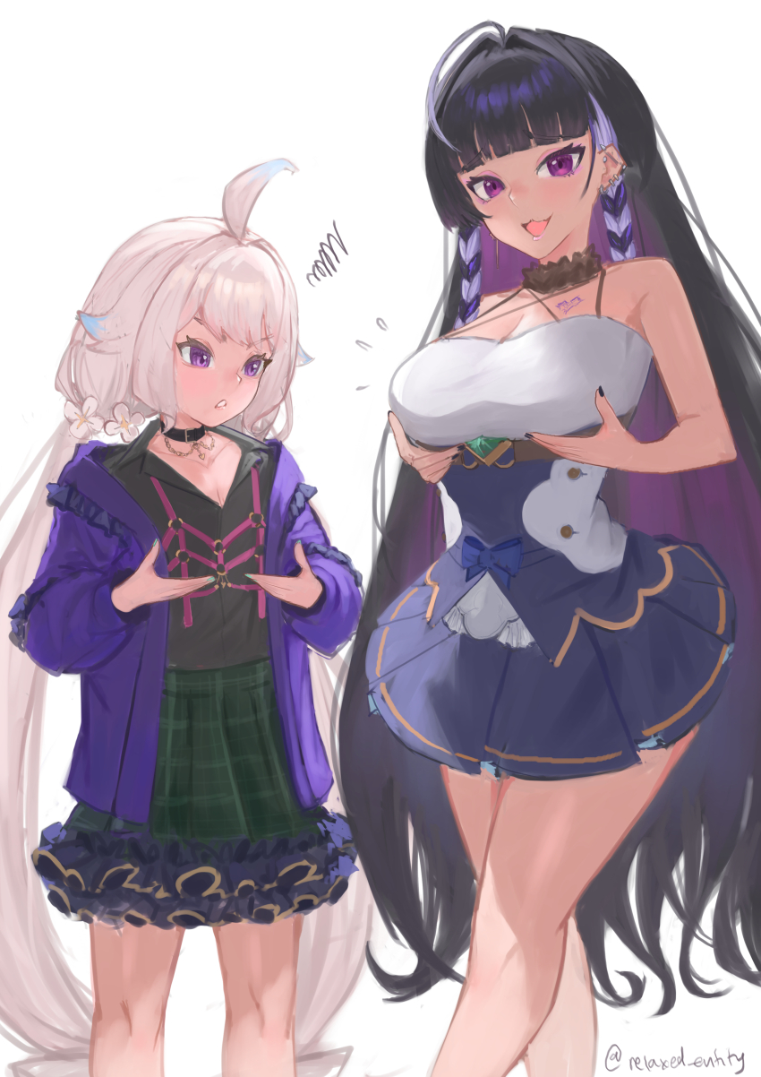2girls, absurdly_long_hair, absurdres, ahoge, bare_shoulders, black_hair, blonde_hair, blunt_bangs
