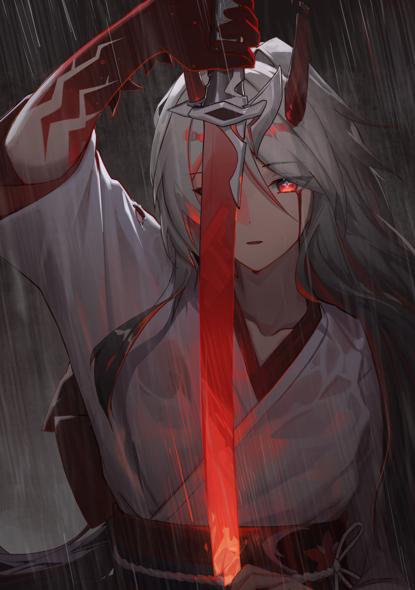 1girl, absurdres, acheron_(honkai:_star_rail), acheron_(izumo)_(honkai:_star_rail), arm_up, aton_(aton2503), commentary_request, grey_hair, highres, holding, holding_sword, holding_weapon, honkai:_star_rail, honkai_(series), horns, japanese_clothes, katana, kimono, long_hair, looking_at_viewer, obi, official_alternate_color, parted_lips, partial_commentary, red_eyes, sash, solo, sword, upper_body, very_long_hair, weapon, white_kimono