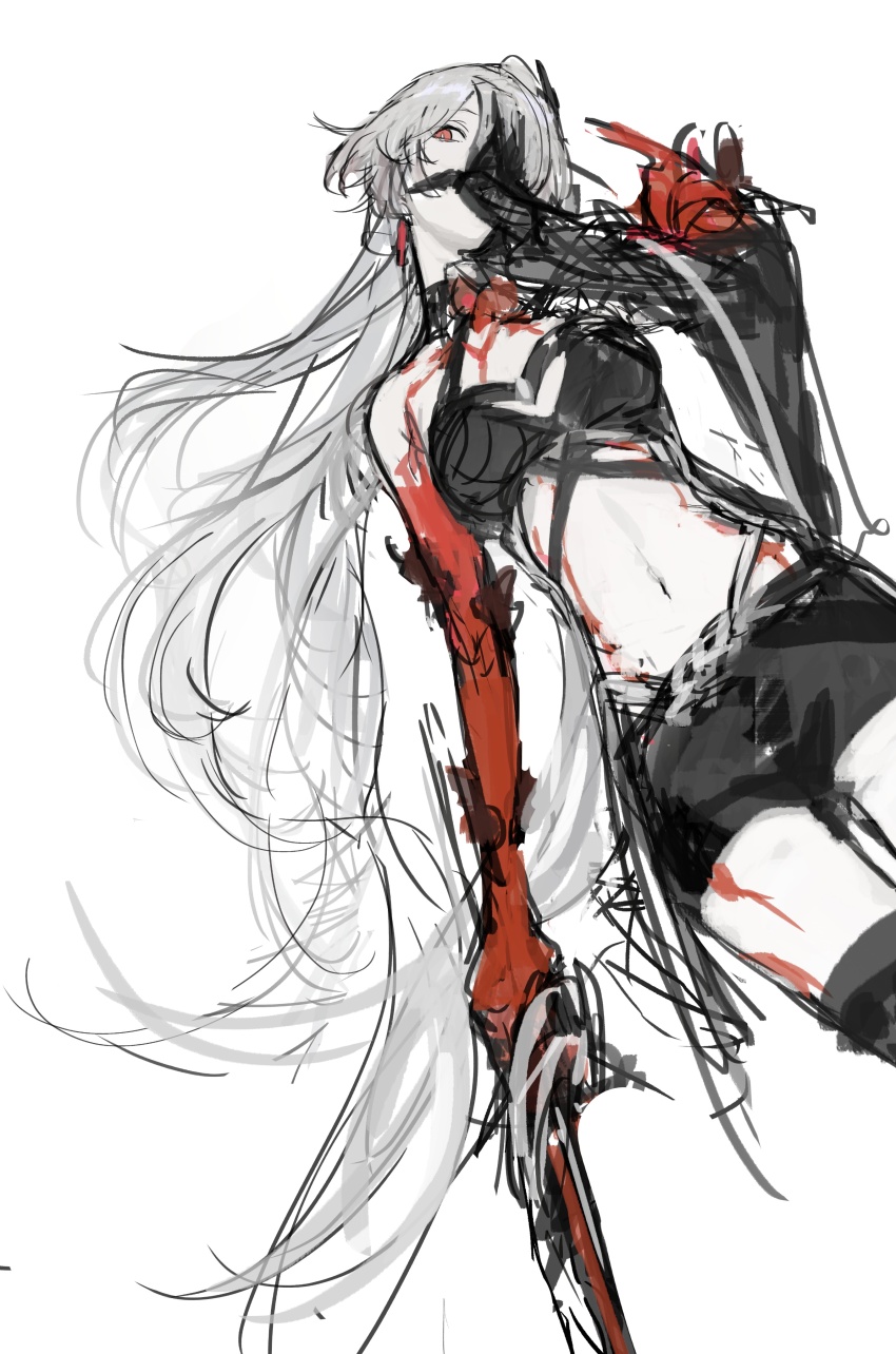 1girl, absurdres, acheron_(honkai:_star_rail), black_choker, black_coat, black_gloves, black_shorts, body_markings