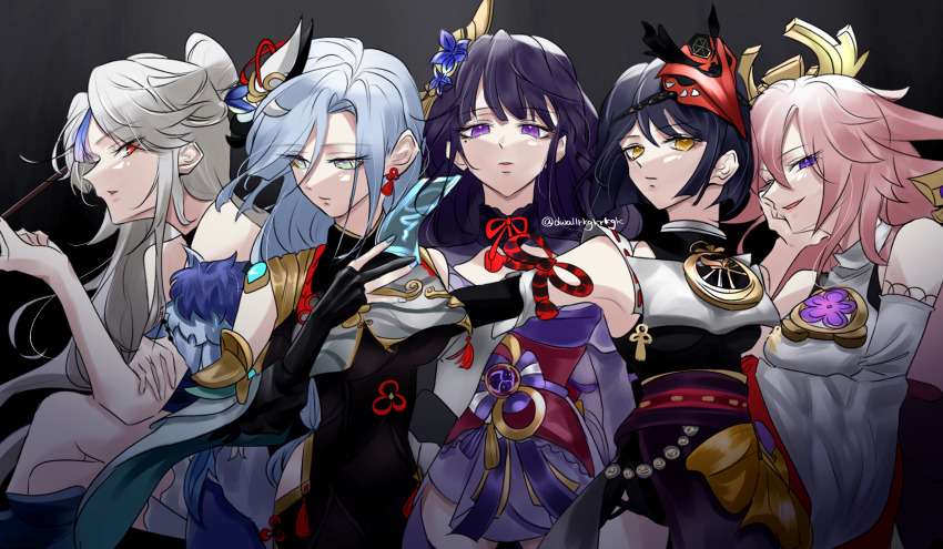 5girls, alternate_costume, animal_ears, bare_shoulders, bird_mask, black_bodysuit, black_hair, blue_collar