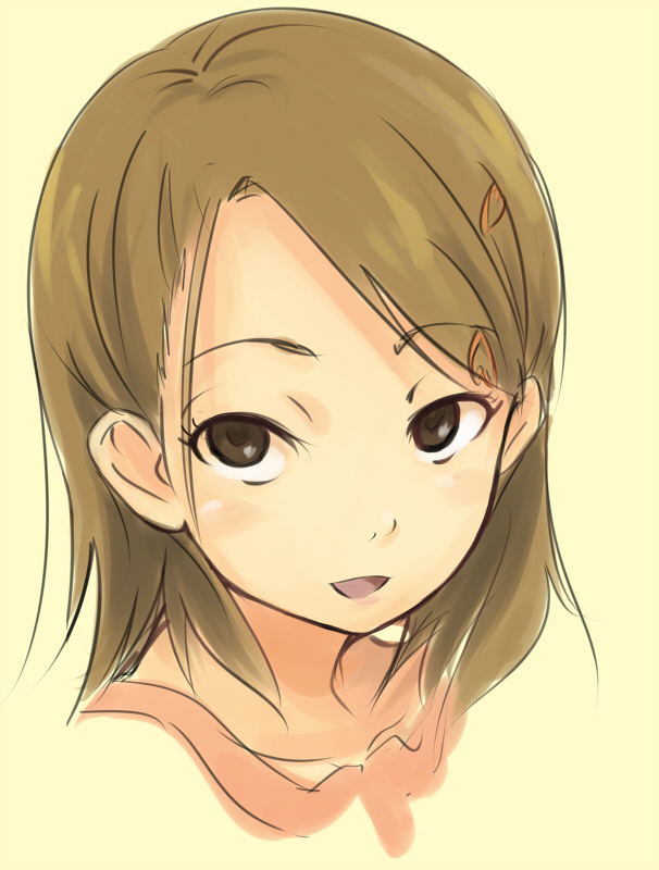 1girl, brown_eyes, brown_hair, child, daizu_sanchi, female_focus, hair_ornament, hairclip