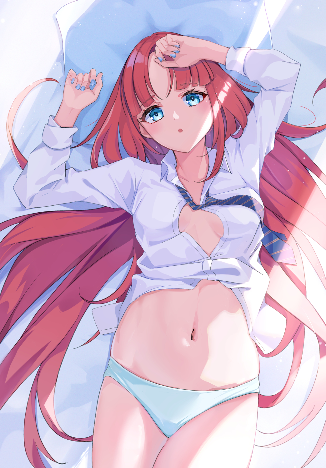 1girl, 310setsu, :o, blue_nails, blue_necktie, blunt_bangs, breasts, clothes_lift, from_above, genshin_impact, hair_spread_out, highres, long_hair, long_sleeves, looking_at_viewer, loose_necktie, lying, medium_breasts, navel, necktie, nilou_(genshin_impact), on_back, open_mouth, panties, partially_unbuttoned, red_hair, shirt, shirt_lift, sidelighting, solo, striped_clothes, striped_necktie, underwear, white_panties, white_shirt