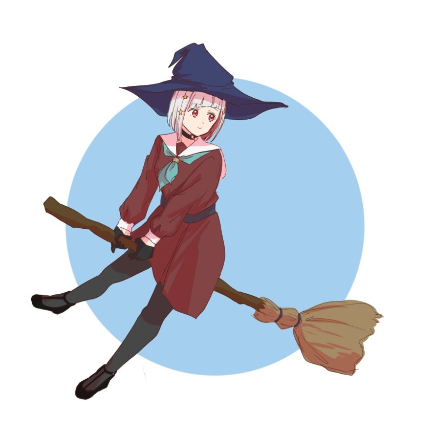 1girl, :>, aqua_neckerchief, black_choker, black_gloves, black_pantyhose, black_shoes, blue_background