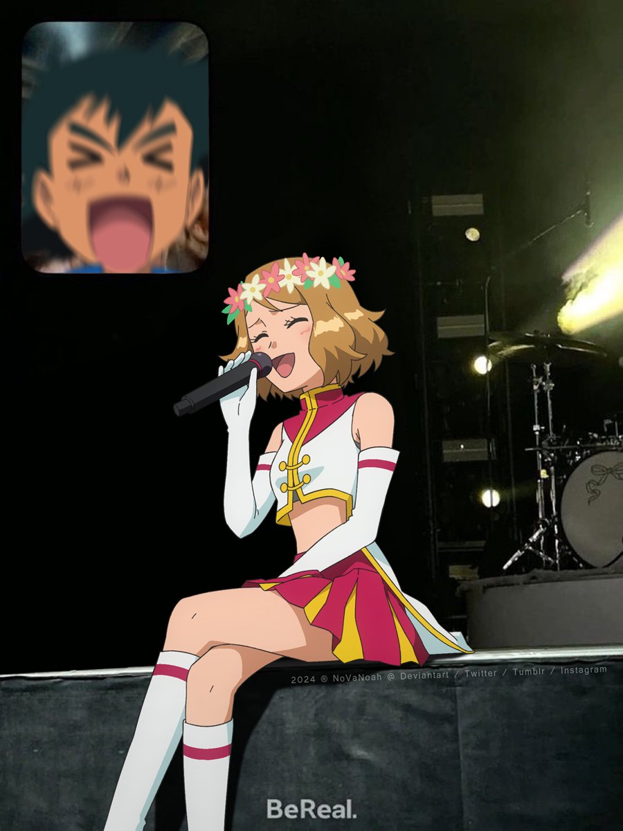 1boy, 1girl, :d, artist_name, ash_ketchum, bare_shoulders, blonde_hair, boots