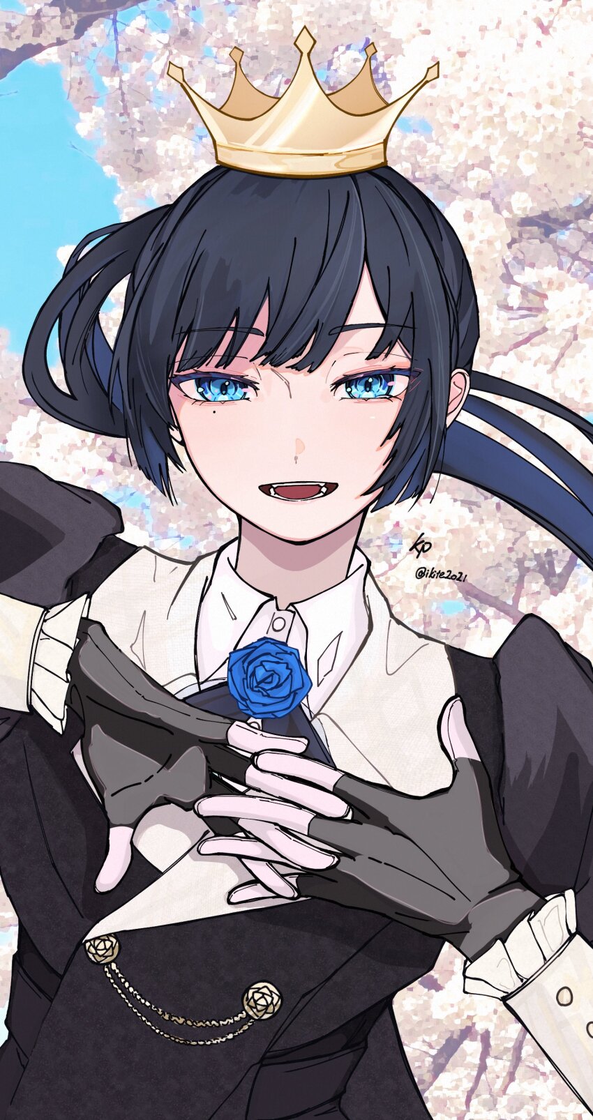 1girl, absurdres, ado_(utaite), artist_name, black_bow, black_bowtie, black_gloves, black_hair