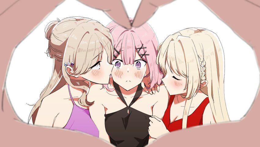 1other, 3girls, absurdres, amaori_renako, bare_shoulders, black_dress, blonde_hair, blurry, blush, braid, breasts, cleavage, closed_eyes, closed_mouth, collarbone, commentary, depth_of_field, dress, enshu_suruga, girl_sandwich, hair_between_eyes, hair_ornament, hairclip, half_updo, halterneck, heart, heart_hands, highres, kiss, kissing_cheek, large_breasts, long_hair, medium_breasts, multiple_girls, ouzuka_mai, parallel_hairclips, pink_dress, pink_hair, pov, purple_eyes, red_dress, sandwiched, sena_ajisai, short_hair, side_braid, sidelocks, small_breasts, watashi_ga_koibito_ni_nareru_wake_naijan_murimuri!, white_background, x_hair_ornament, yuri