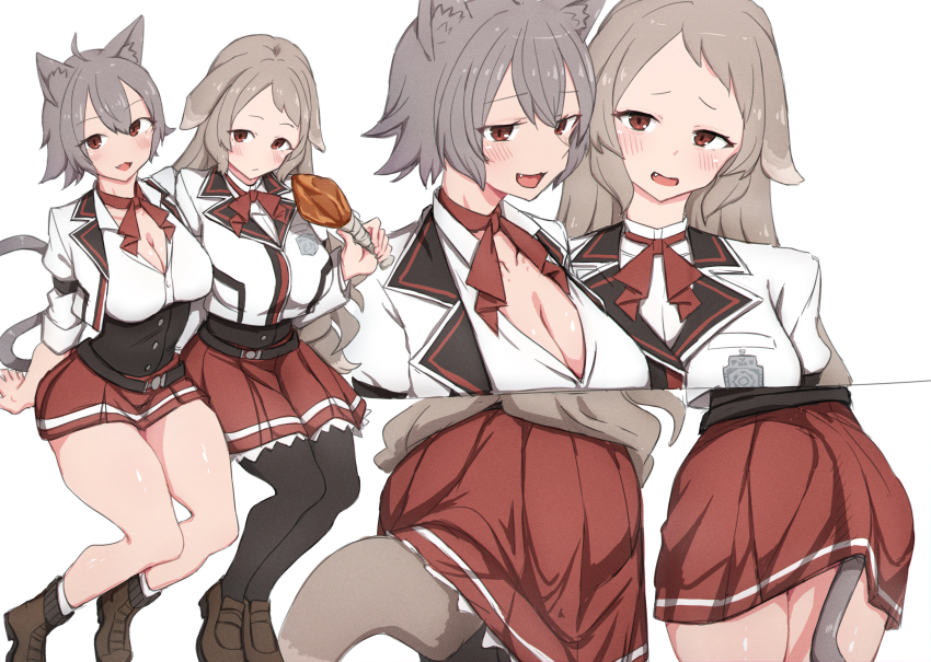2girls, animal_ears, black_corset, black_pantyhose, breasts, cat_ears, cat_girl, cat_tail, chicken_(food), cleavage, closed_mouth, corset, dog_ears, dog_girl, dog_tail, eating, food, fried_chicken, grey_hair, hair_between_eyes, highres, holding, holding_food, jacket, large_breasts, light_blush, linia_dedoldia, looking_at_viewer, multiple_girls, mushoku_tensei, nanami_yotsuya, neck_ribbon, open_mouth, pantyhose, pursena_adoldia, red_eyes, red_skirt, ribbon, school_uniform, shirt, simple_background, sitting, skirt, sleeves_rolled_up, smile, tail, teeth, thighhighs, thighs, unbuttoned, unbuttoned_shirt, upper_teeth_only, white_jacket, white_shirt