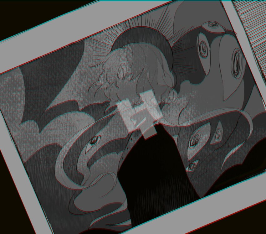 1girl, charlotte_wiltshire, dress, extra_eyes, faceless, facing_viewer, greyscale, halo