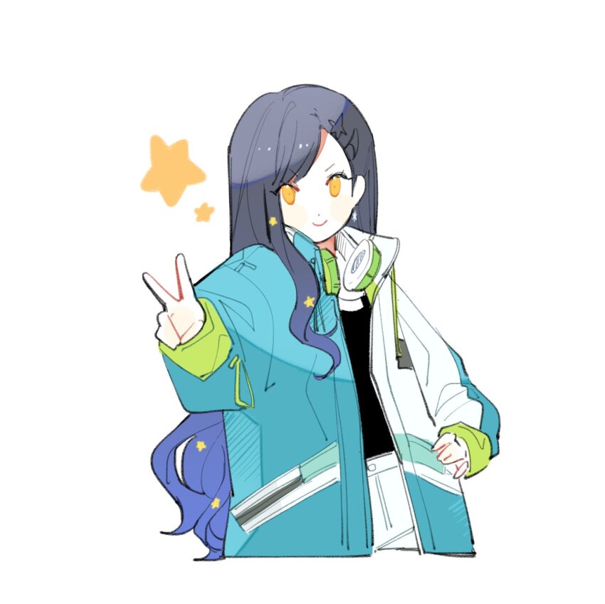 1girl, black_shirt, blue_hair, closed_mouth, hand_up, headphones, headphones_around_neck, highres