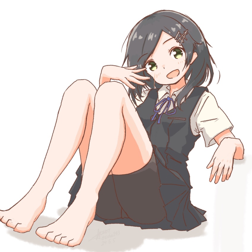 1girl, aaoi, barefoot, bike_shorts, black_hair, black_shorts, black_skirt, black_vest, blue_ribbon, collared_shirt, dress_shirt, green_eyes, highres, kantai_collection, kuroshio_(kancolle), medium_hair, neck_ribbon, one-hour_drawing_challenge, pleated_skirt, ribbon, shirt, shorts, shorts_under_skirt, simple_background, sitting, skirt, smile, solo, vest, white_background, white_shirt