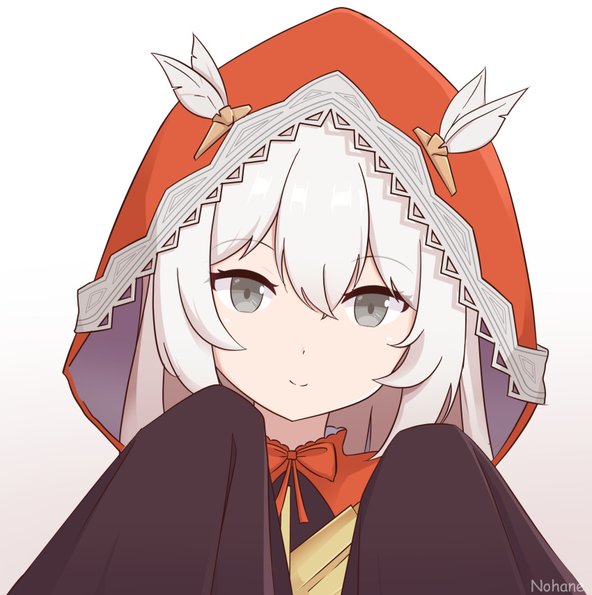 1girl, absurdres, black_dress, closed_mouth, dress, feathers, frilled_hood, frills, grey_eyes, grey_hair, grey_hood, hair_between_eyes, highres, hood, long_sleeves, looking_at_viewer, no._21_(pgr), no._21:_xxi_(red_hoodie)_(pgr), nohanohaneid, punishing:_gray_raven, red_hood, sidelocks, sleeves_past_fingers, sleeves_past_wrists, solo, two-sided_hood