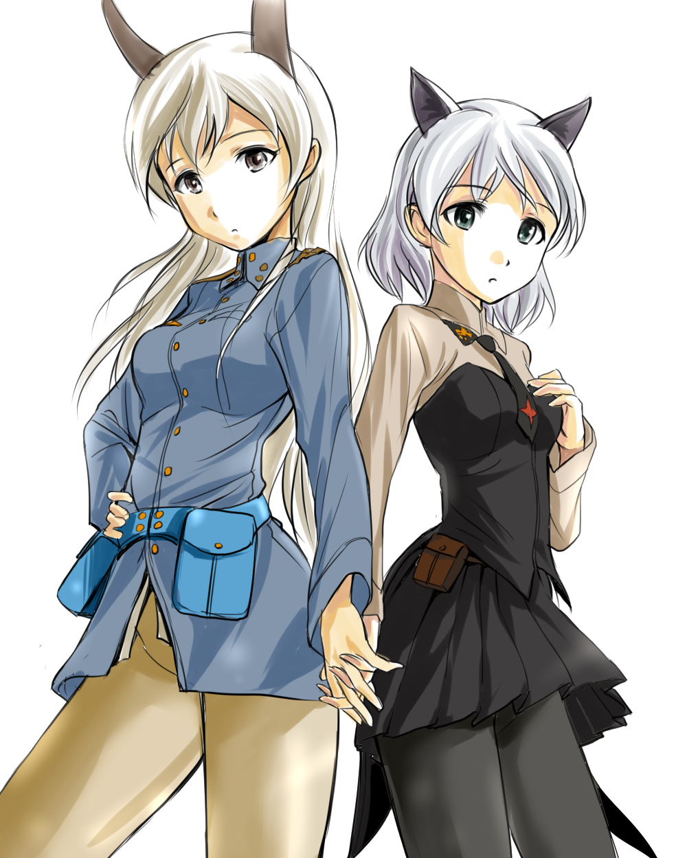 2girls, animal_ears, black_pantyhose, blonde_hair, cat_ears, eila_ilmatar_juutilainen, fox_ears, green_eyes