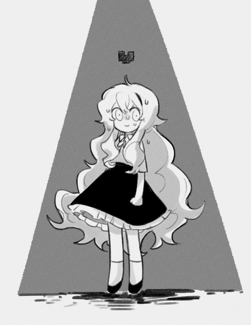 1girl, charlotte_wiltshire, collared_shirt, frilled_skirt, frills, full_body, greyscale, hello_charlotte