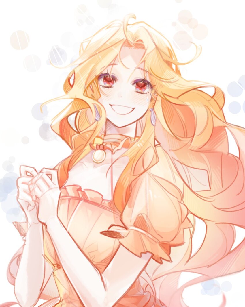 1girl, ahoge, blonde_hair, choker, dress, earrings, highres, jewelry