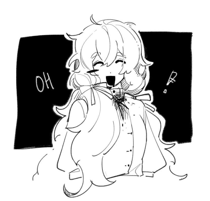 !, 1girl, charlotte_wiltshire, charlotte_wiltshire_(q84), closed_eyes, facing_viewer, greyscale, hair_ribbon, hello_charlotte, highres, jacket, long_hair, long_sleeves, low_twintails, monochrome, open_mouth, puffy_long_sleeves, puffy_sleeves, ribbon, sim_0204, simple_background, smile, solo, twintails, upper_body, very_long_hair