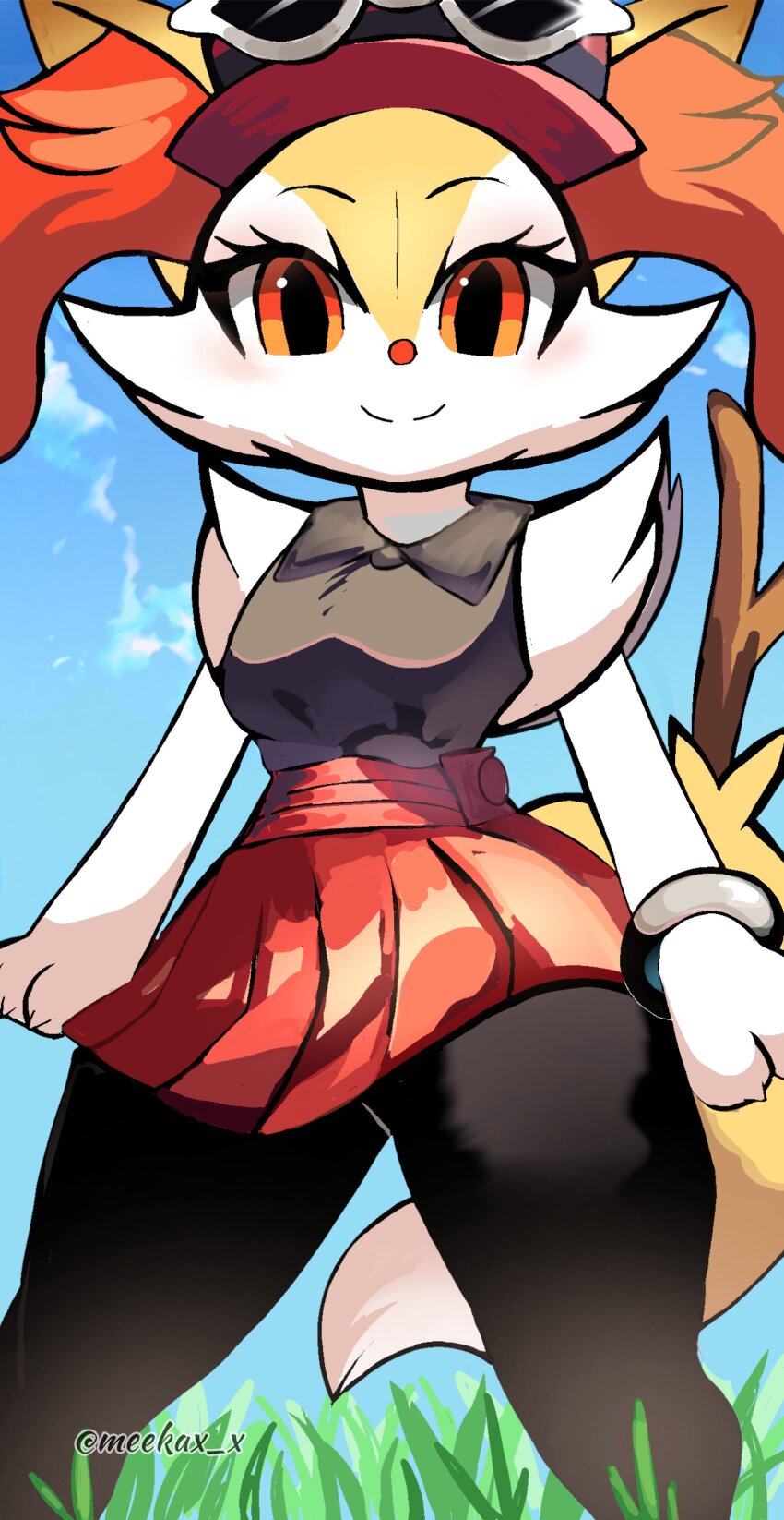 1girl, absurdres, animal_ears, braixen, cosplay, fox_ears, fox_tail, furry, furry_female, gen_6_pokemon, highres, meeka, nintendo, orange_eyes, pokemon, pokemon_x_and_y, serena_(pokemon), serena_(pokemon)_(cosplay), skirt, smile, standing, stick, tail, white_fur, yellow_fur