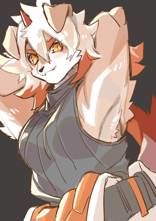 1boshi, 1boy, arknights, armpits, arms_behind_head, black_background, black_shirt, blush